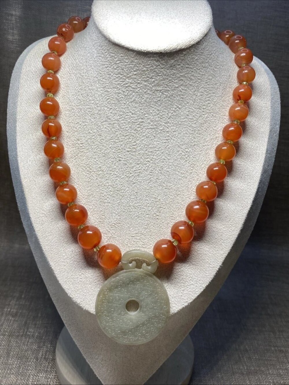 Large 14mm Banded Agate Necklace w Nephrite Jade Bi Disc Pendant 106g